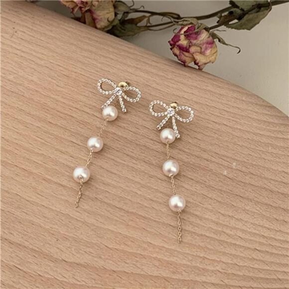 Bow Pearl Drop Earrings | Coquette Minimalist Jewelry, Wedding & Party - Picture 4 of 6